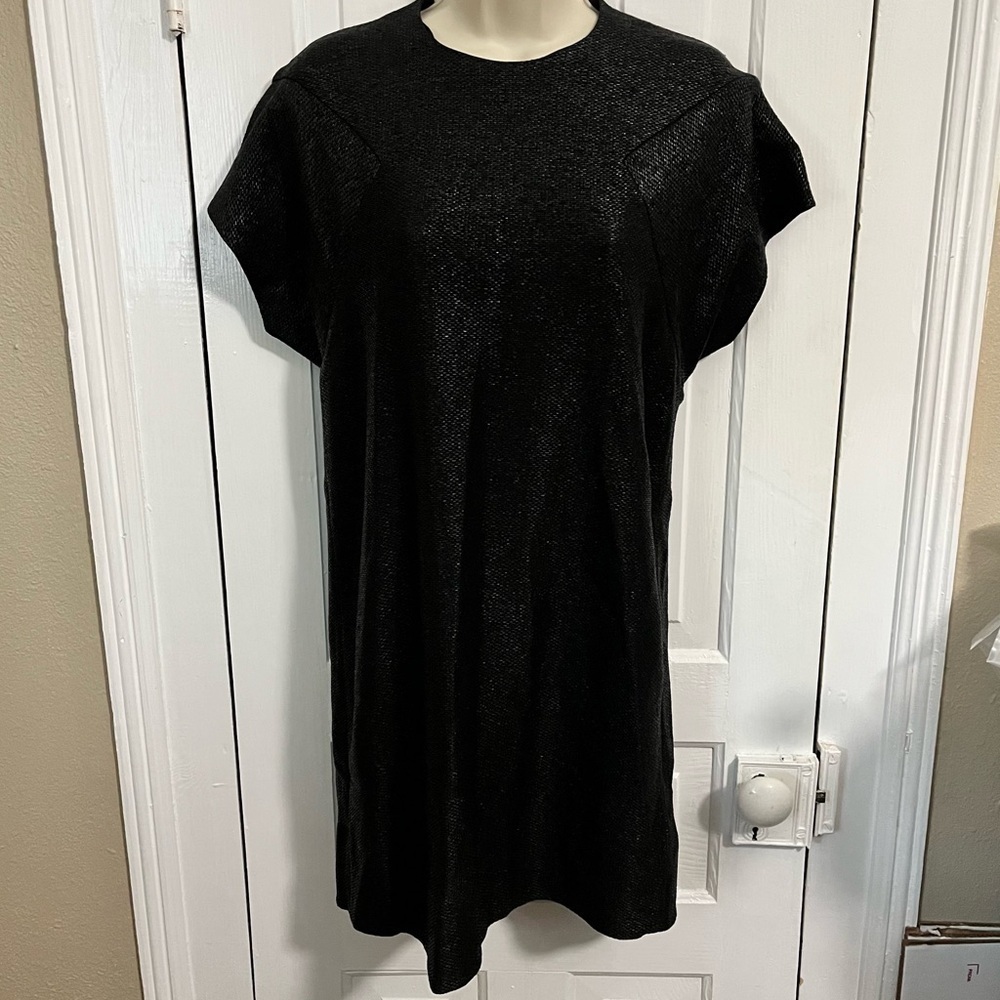 COS Black Shimmer Short Sleeve Dress Asymmetrical Zipper US 6 R2